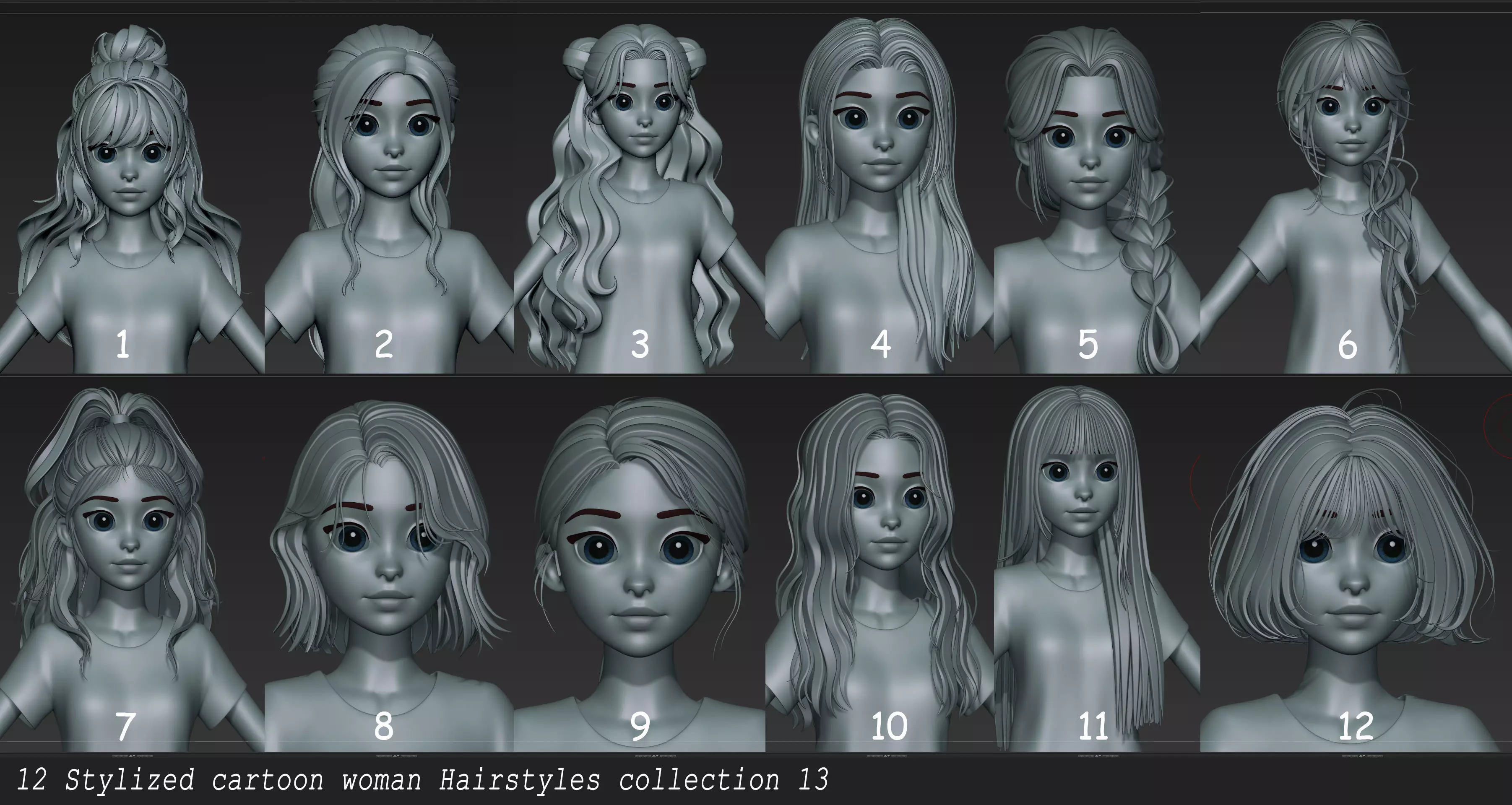  Highpoly and Lowpoly 12 cartoon Stylized Hair package 13 Low-poly 3D model_0