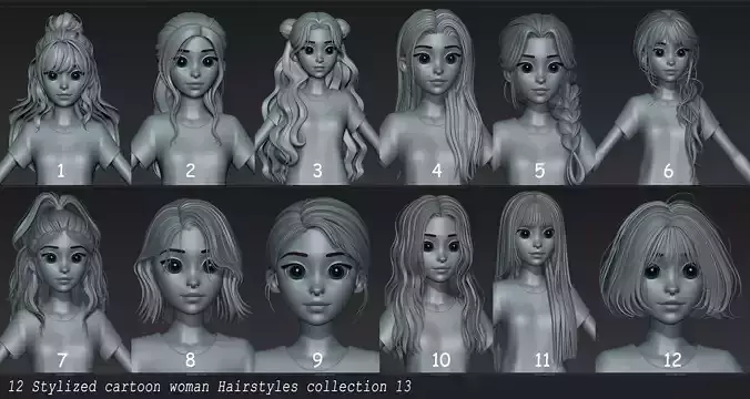  Highpoly and Lowpoly 12 cartoon Stylized Hair package 13 Low-poly 3D model