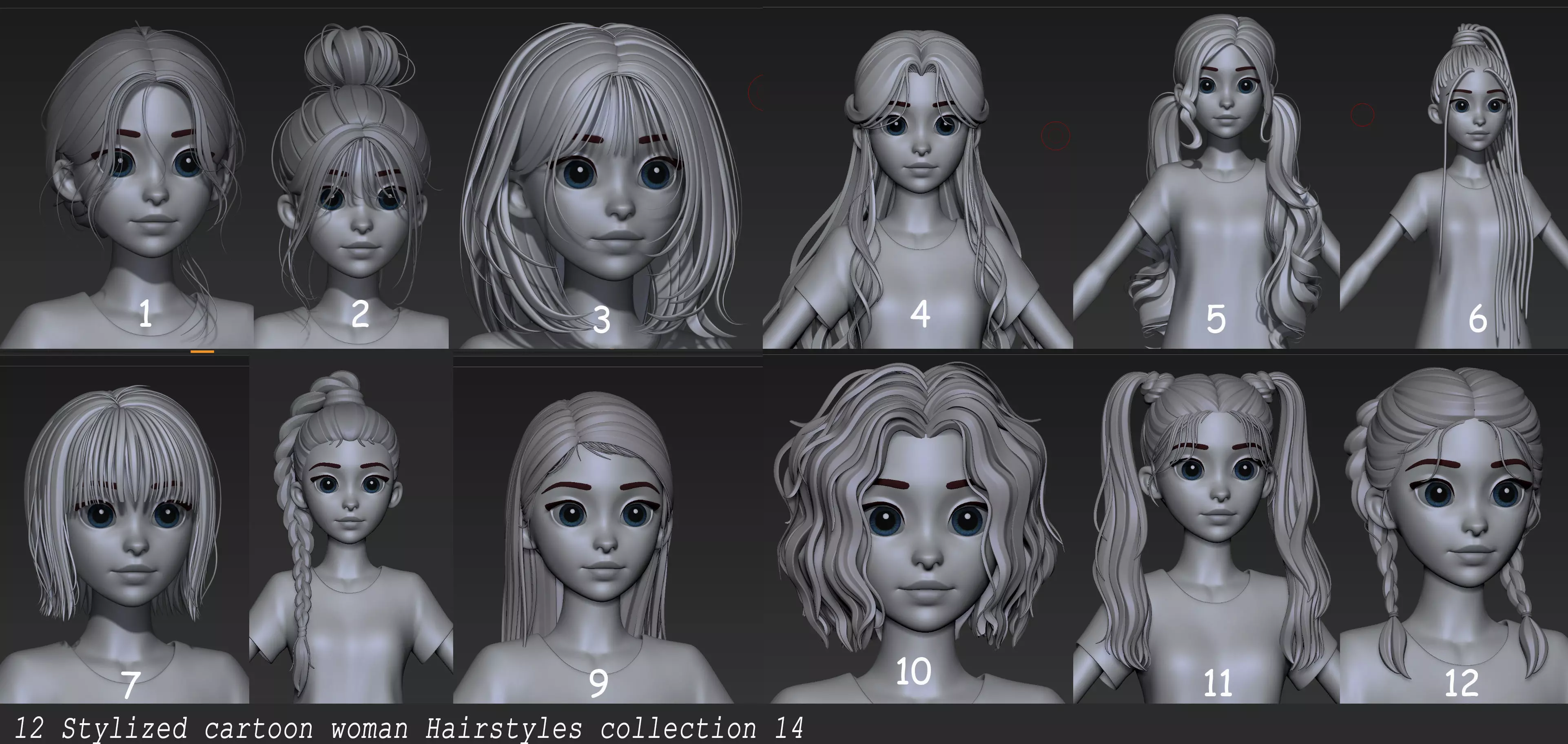 Highpoly and Lowpoly 12 cartoon Stylized Hair package 9 Low-poly 3D model