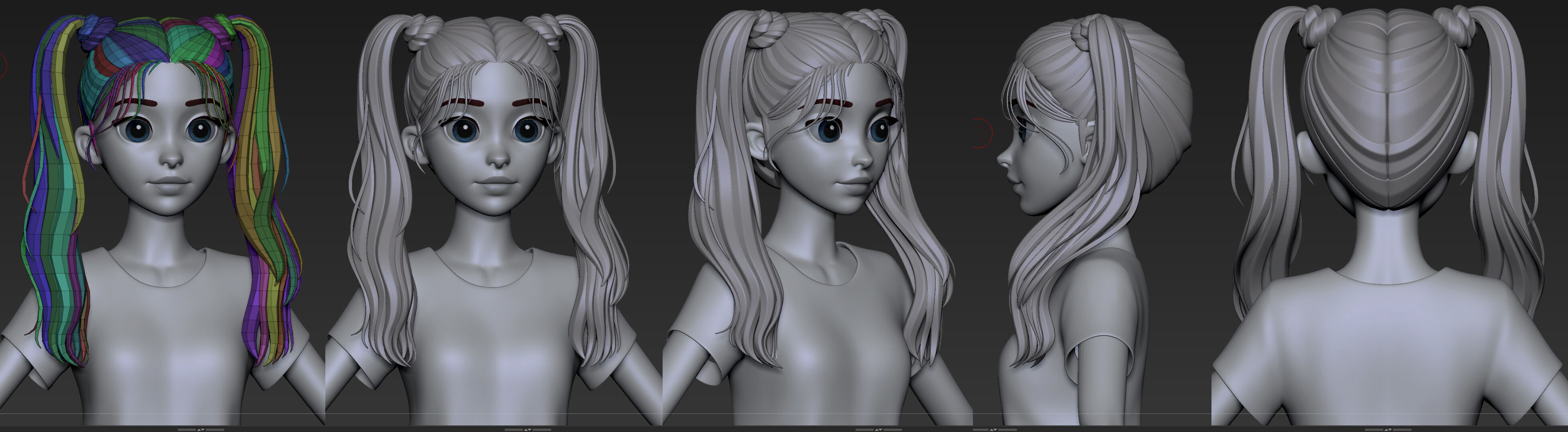 Highpoly and Lowpoly 12 cartoon Stylized Hair package14 Low-poly 3D model_5