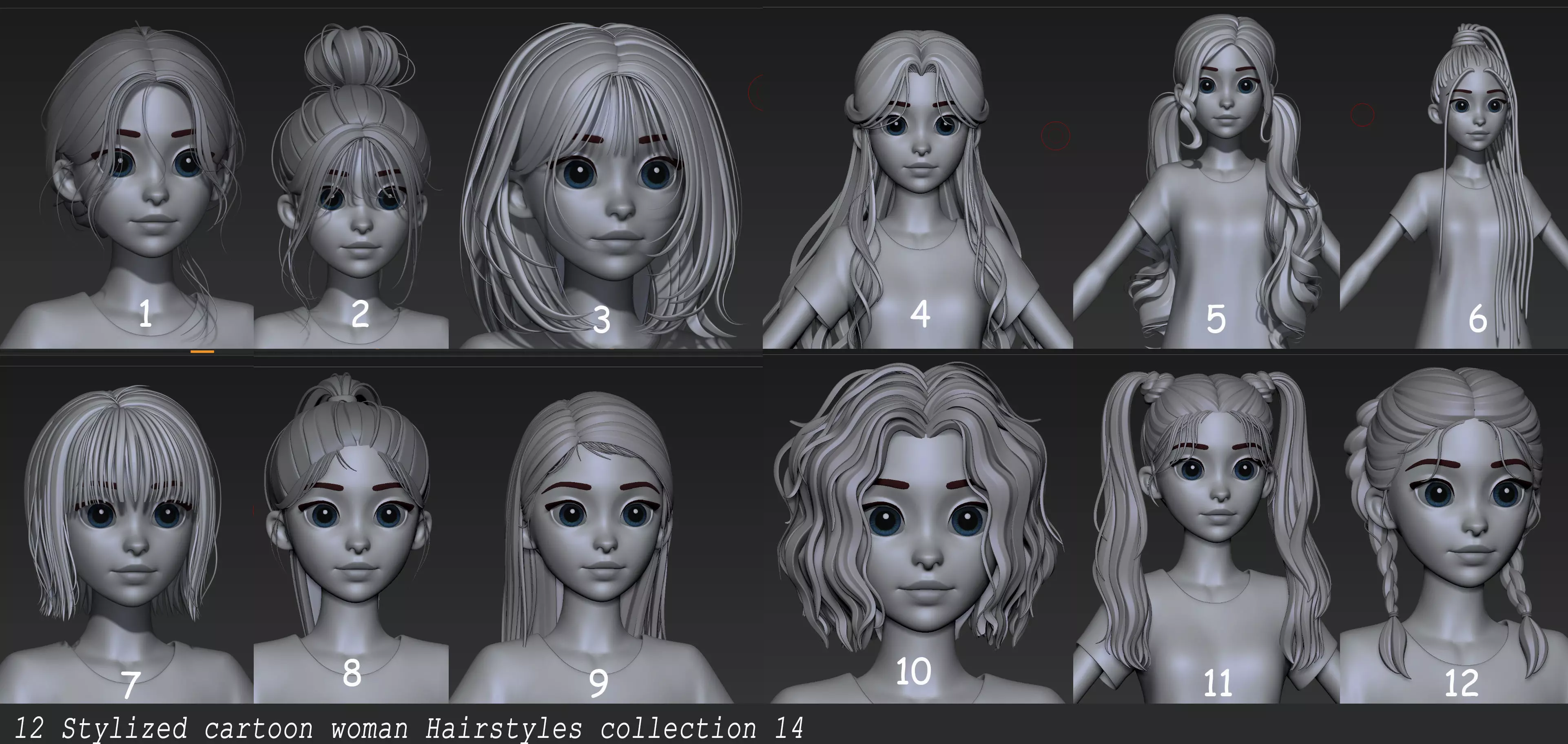 Highpoly and Lowpoly 12 cartoon Stylized Hair package14 Low-poly 3D model_0