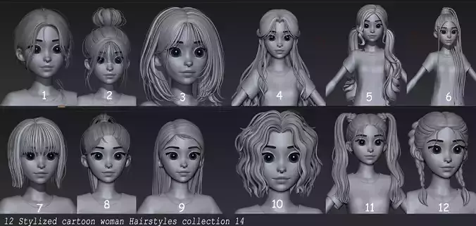 Highpoly and Lowpoly 12 cartoon Stylized Hair package14 Low-poly 3D model