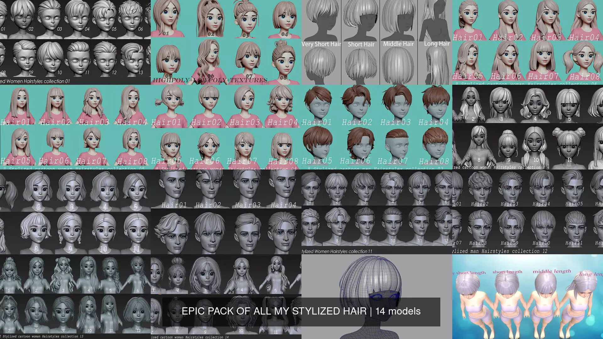 EPIC PACK OF ALL MY STYLIZED HAIR 3D Model Collection_0