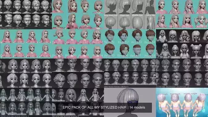 EPIC PACK OF ALL MY STYLIZED HAIR 3D Model Collection