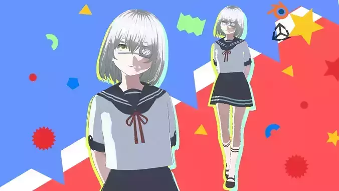 Eyepatch Anime School Girl Fully Rigged  Low-poly 3D model