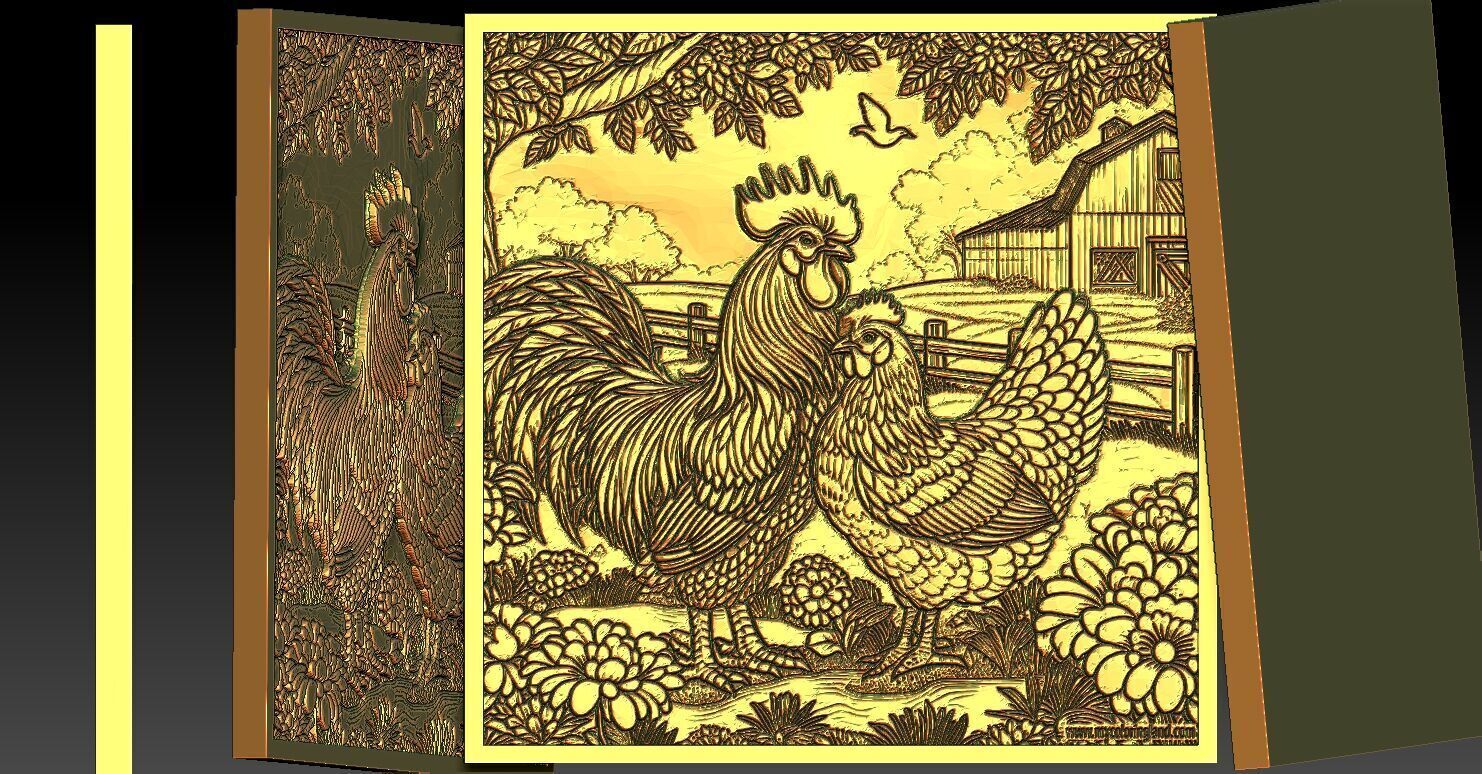 1 rooster and hen CNC Relief 3D print model_6