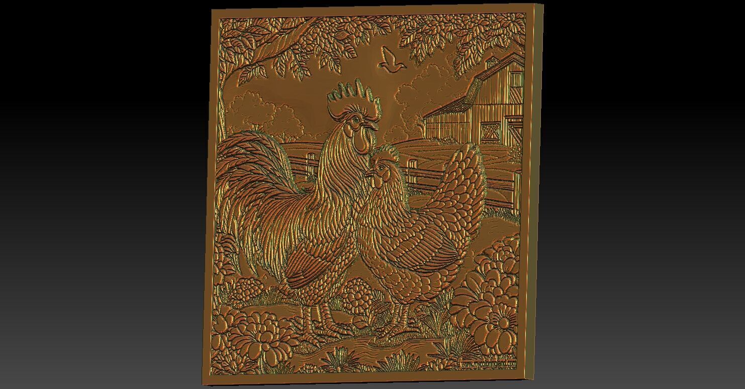 1 rooster and hen CNC Relief 3D print model_3