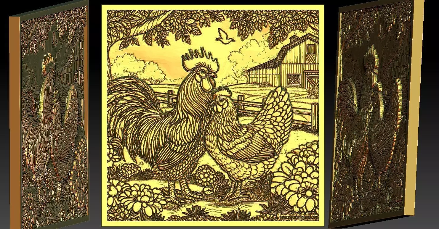 1 rooster and hen CNC Relief 3D print model_0