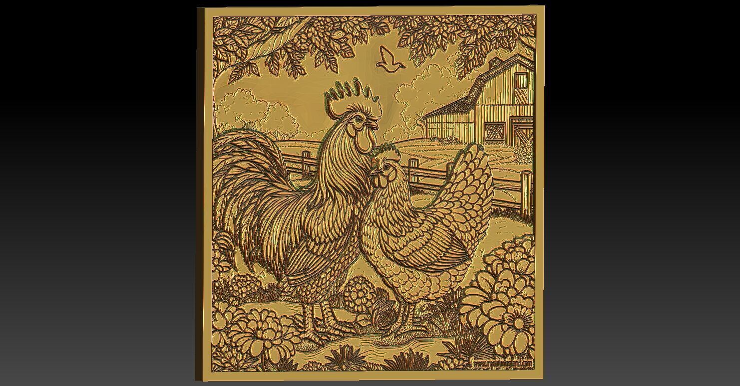 1 rooster and hen CNC Relief 3D print model_2