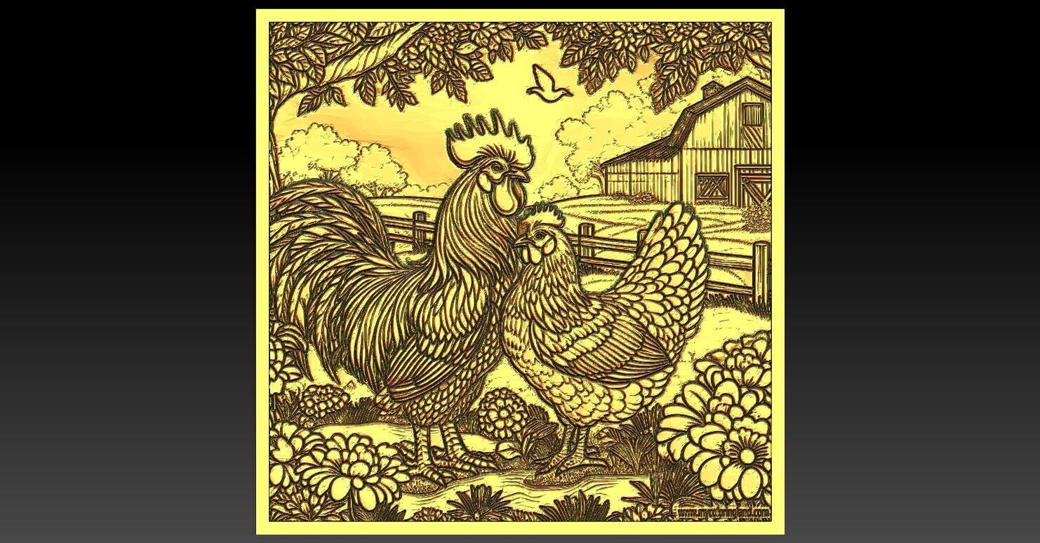 1 rooster and hen CNC Relief 3D print model_1