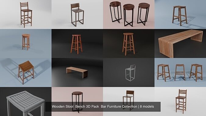 Wooden Stool  Bench 3D Pack  Bar Furniture Collection 