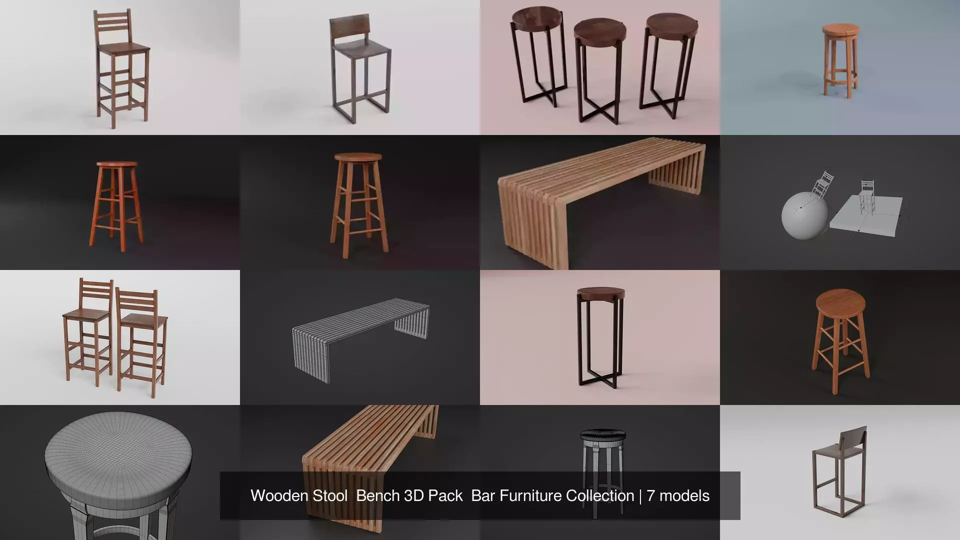 Wooden Stool Bench 3D Pack Bar Furniture Collection _0