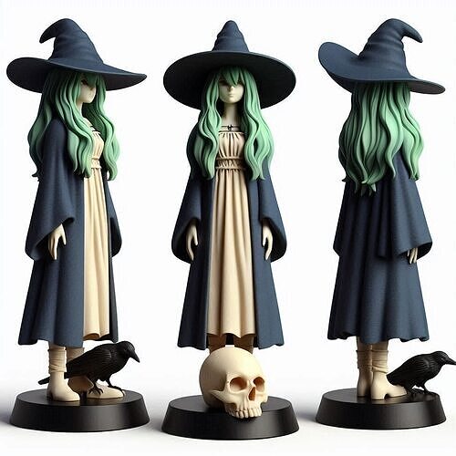 741  Green Haired  Witch with  Ravens  Full Color  3D Model 3D print model
