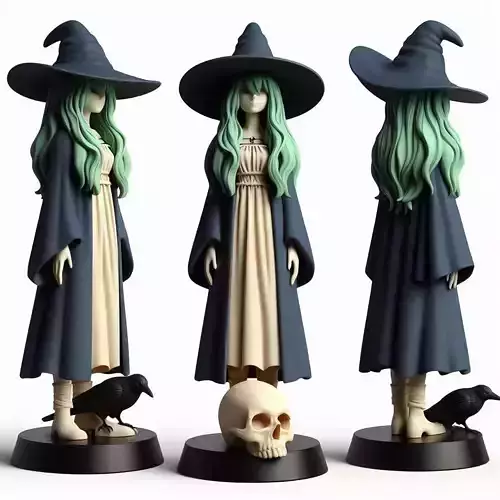 741  Green Haired  Witch with  Ravens  Full Color  3D Model