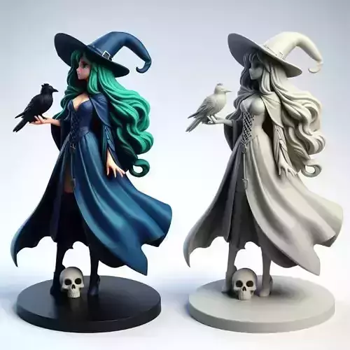 742 Green Haired Witch with  Ravens  Full Color 3D Model