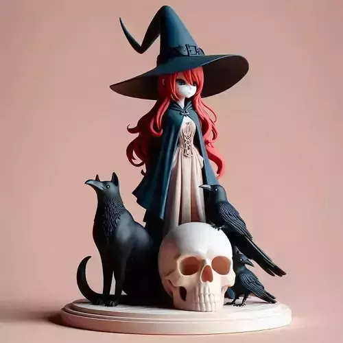 743 Red Haired Witch with Monster and Ravens  Full Color