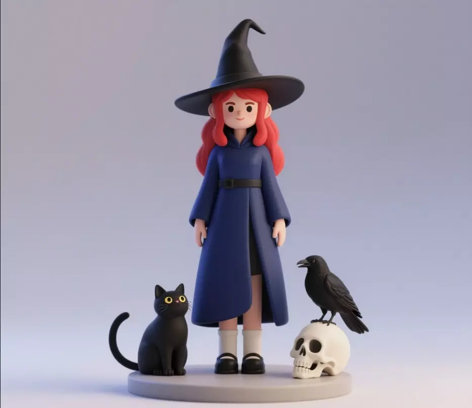 744 Red Haired Witch with Cat and Raven Full Color 3D print model_0