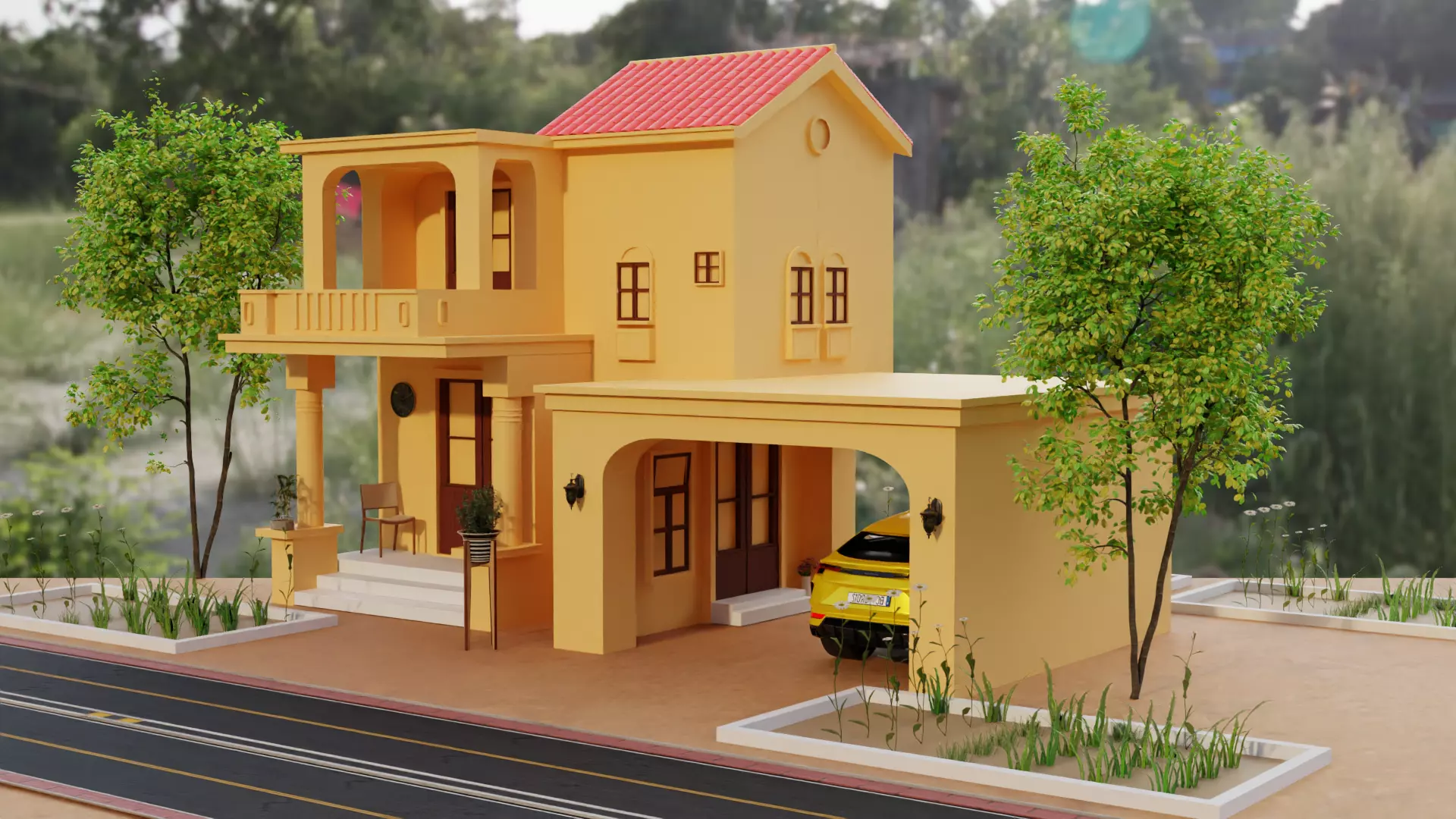 Modern Villa Exterior Scene Stylized Low Poly 3D Model 3D model