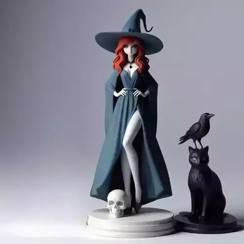 745 Red Haired  Witch with Cat and Raven  Full  Color