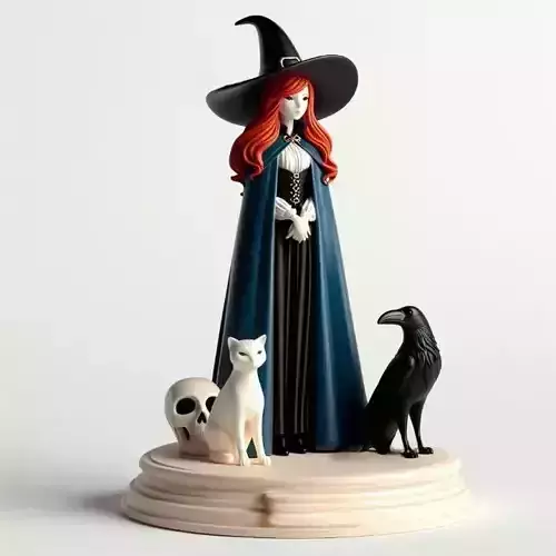 746  Red Haired  Witch with Cat and Raven   Full  Color 