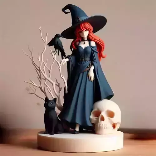 747 Red Haired  Witch  with Cat and Raven  Full  Color