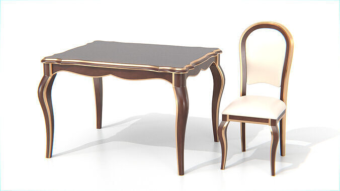 Classic Wooden Dining Table and Chairs Set Low-poly 3D model