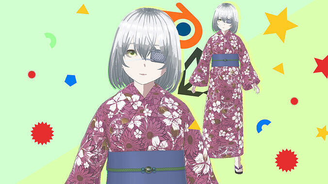 Anime Girl in Kimono Dress 3D Model Fully Rigged Character Low-poly 3D model