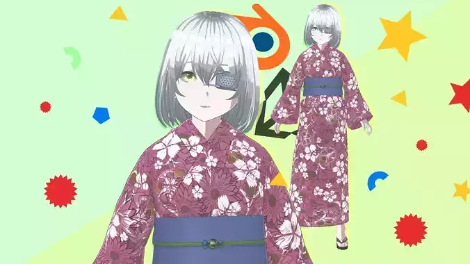 Anime Girl in Kimono Dress 3D Model Fully Rigged Character Low-poly 3D model