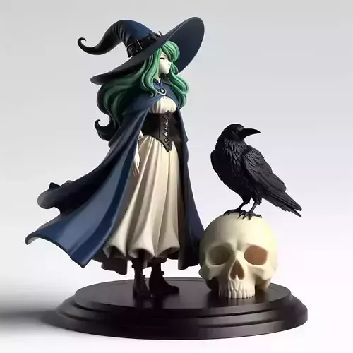 749 Green Haired  Witch with  Raven  Full  Color  fantasy