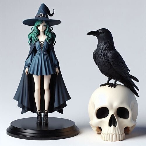 750 Green Haired Witch with  Raven   Full  Color  magic 3D print model