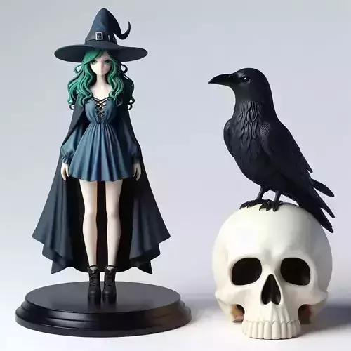 750 Green Haired Witch with  Raven   Full  Color  magic