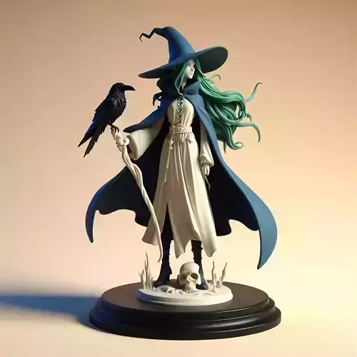 751 Green Haired Witch with  Raven  Full Color 3D Model