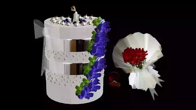 love story set  wedding cake and ring and bouquet of flowers