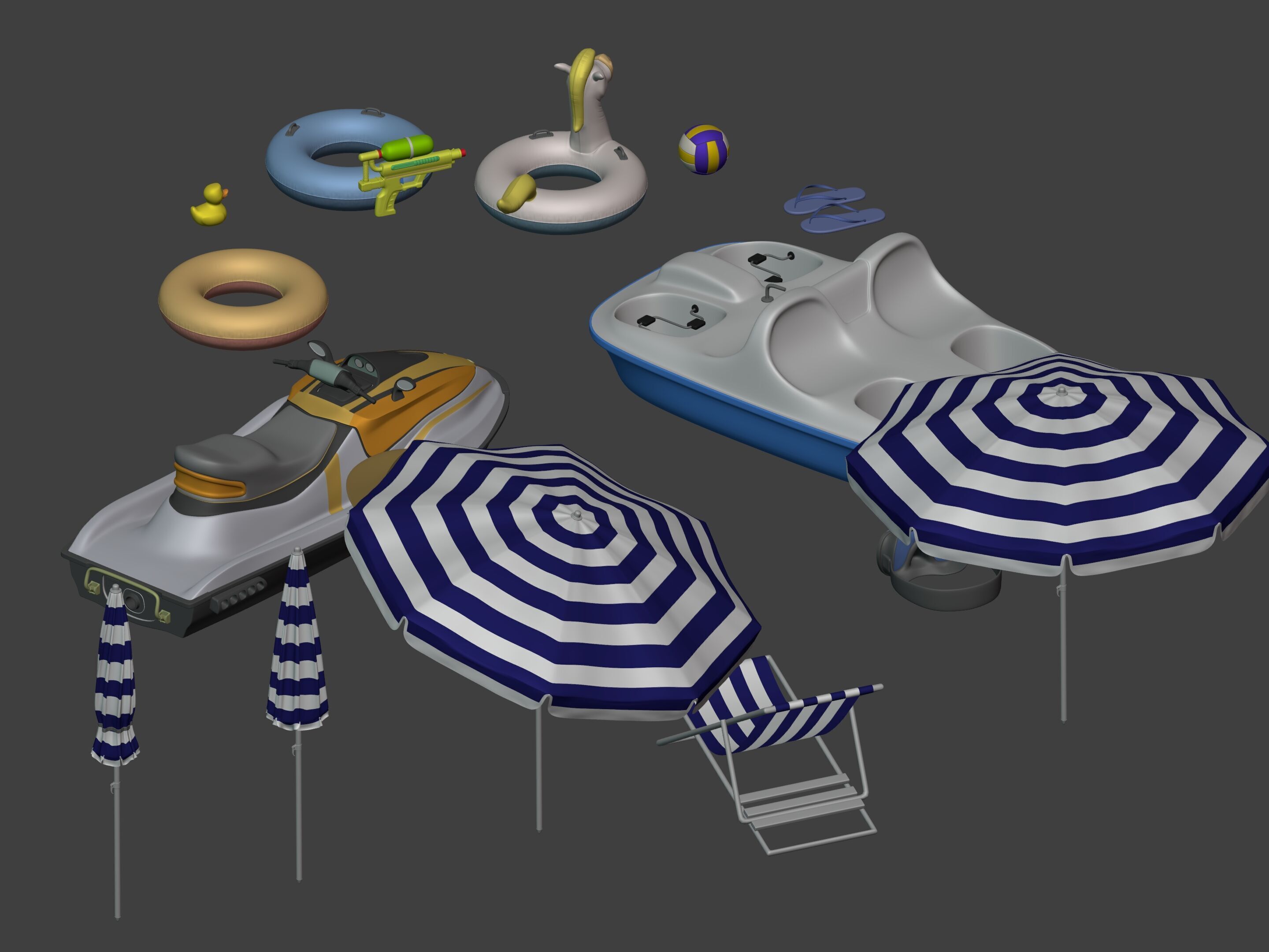 Summer Pack - Umbrella Chair Jet-ski Pedal Boat Water gun Ball 3D model_3