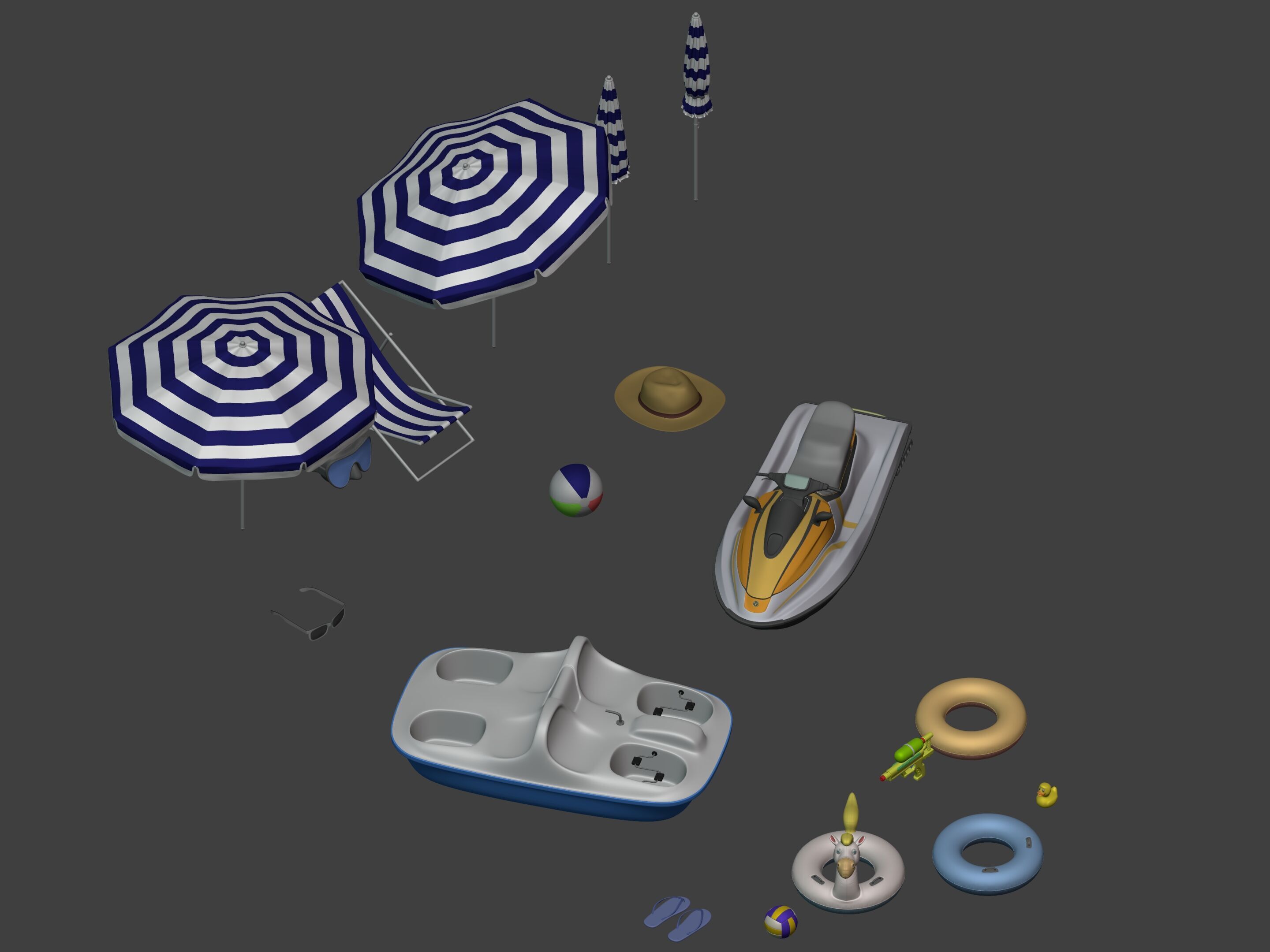 Summer Pack - Umbrella Chair Jet-ski Pedal Boat Water gun Ball 3D model_7