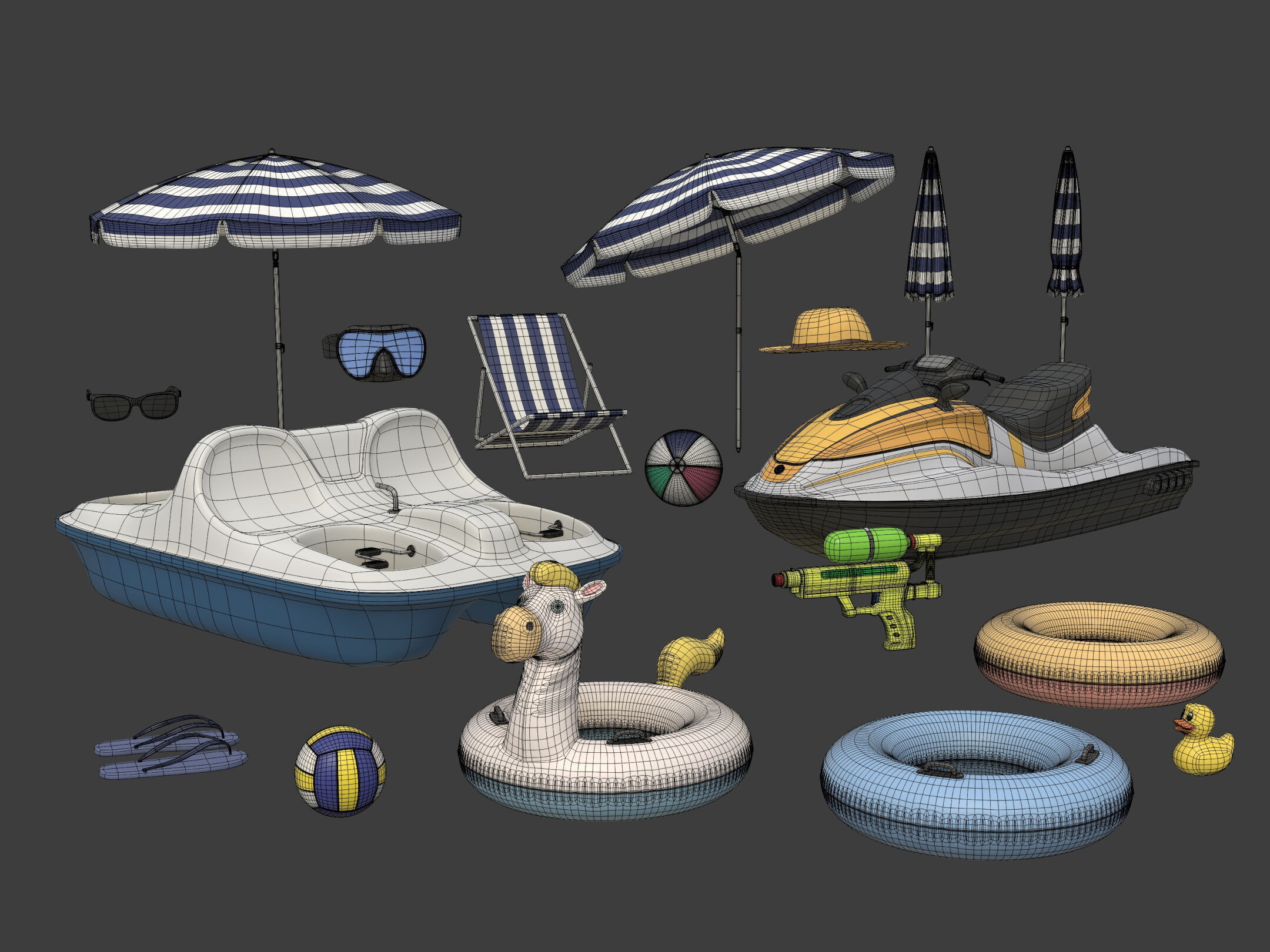 Summer Pack - Umbrella Chair Jet-ski Pedal Boat Water gun Ball 3D model_2