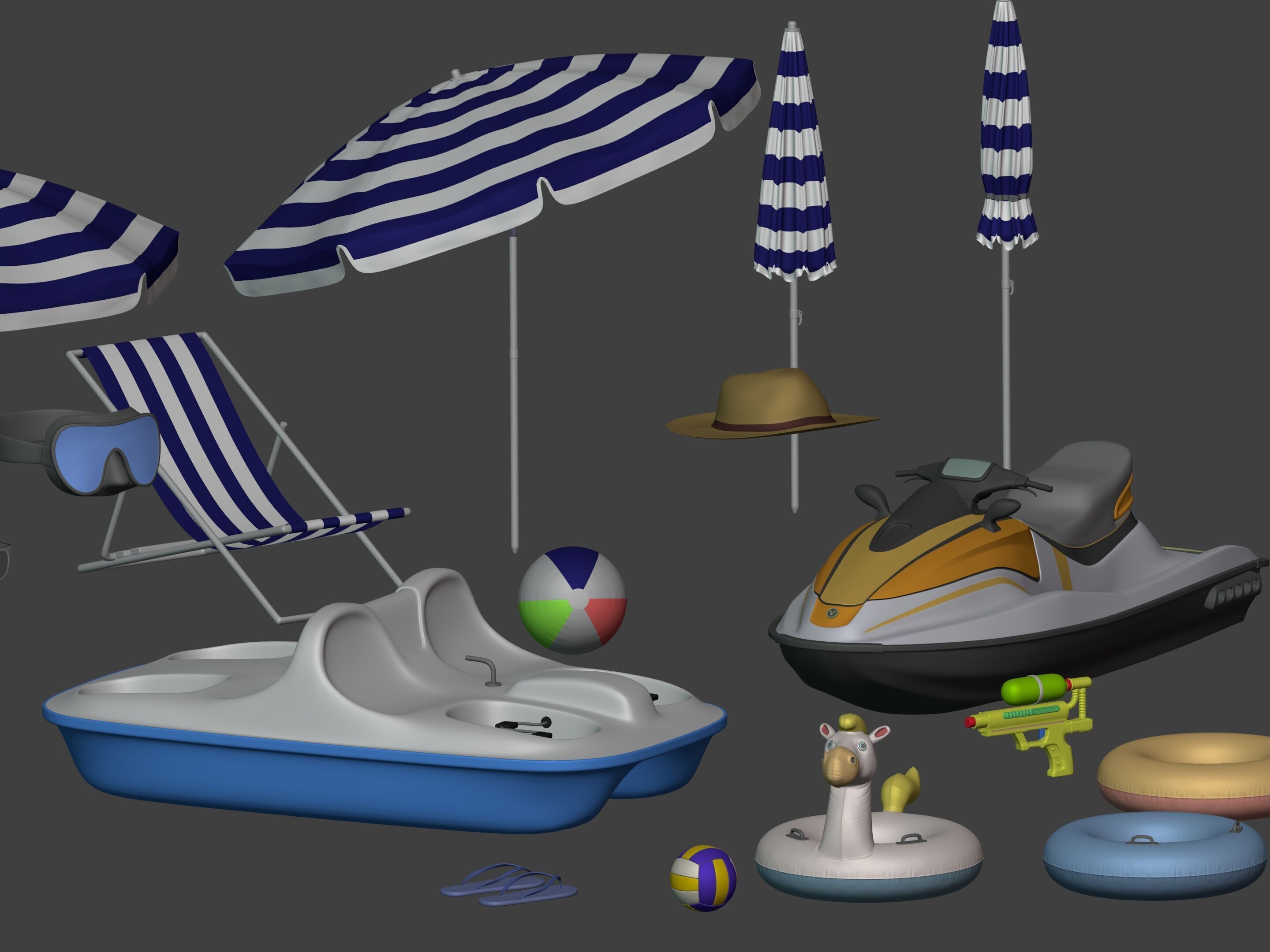 Summer Pack - Umbrella Chair Jet-ski Pedal Boat Water gun Ball 3D model_5