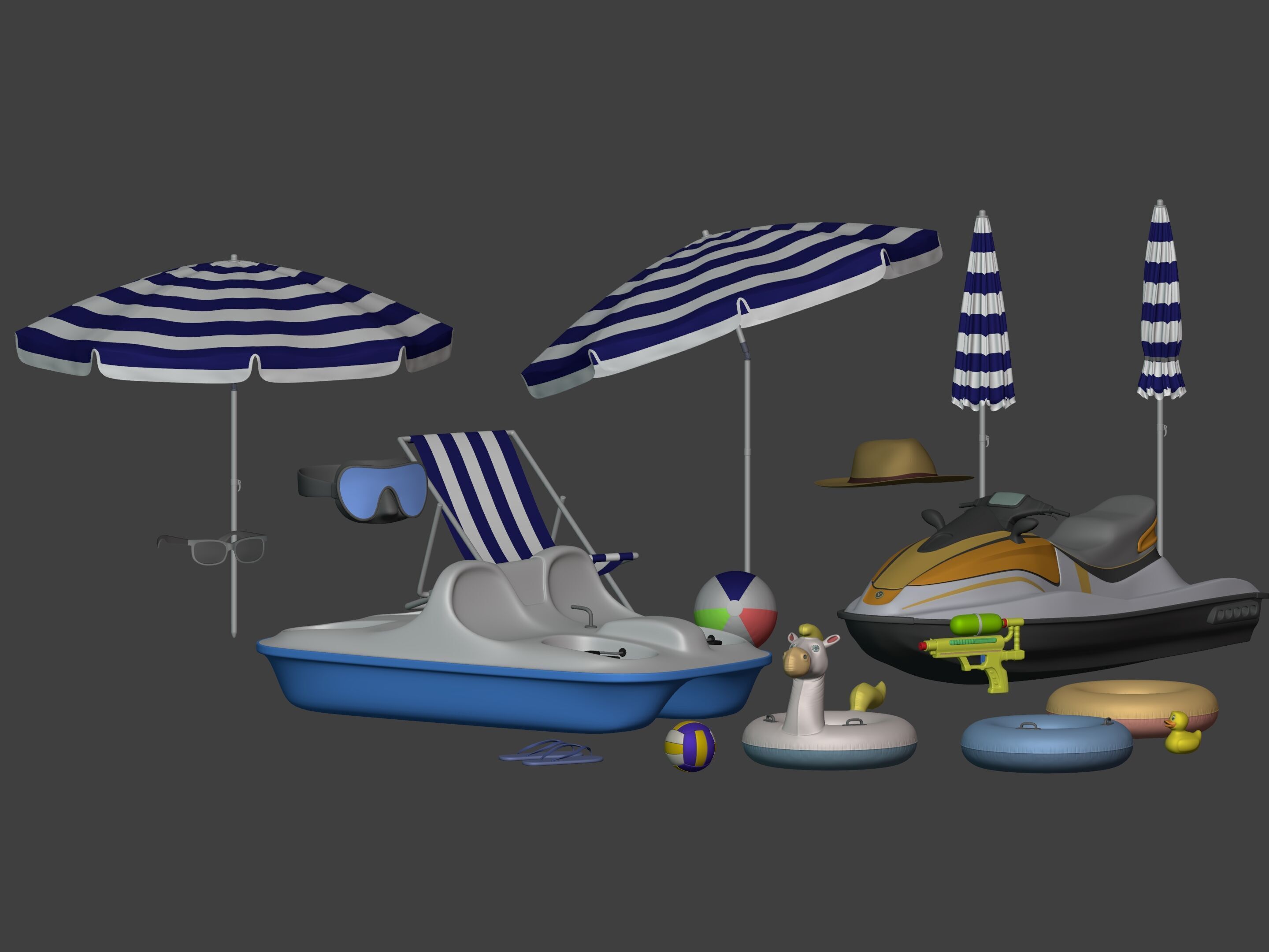 Summer Pack - Umbrella Chair Jet-ski Pedal Boat Water gun Ball 3D model_9