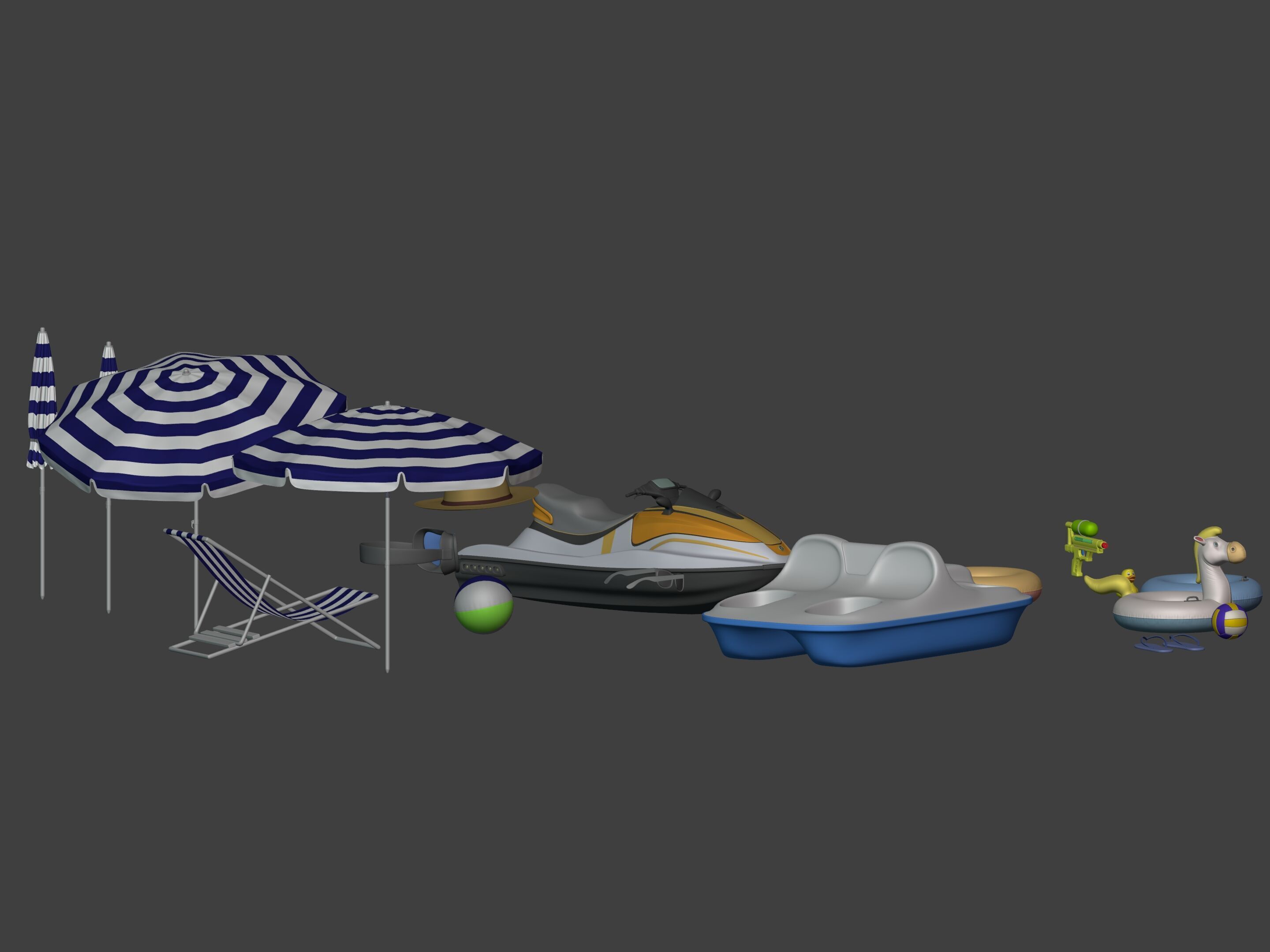 Summer Pack - Umbrella Chair Jet-ski Pedal Boat Water gun Ball 3D model_15