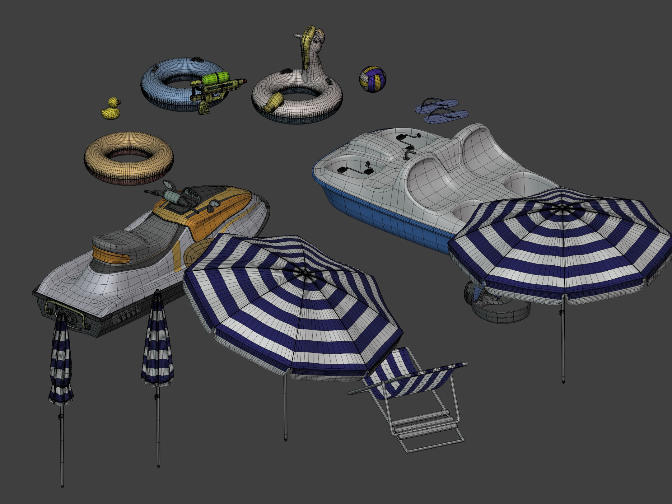 Summer Pack - Umbrella Chair Jet-ski Pedal Boat Water gun Ball 3D model_4