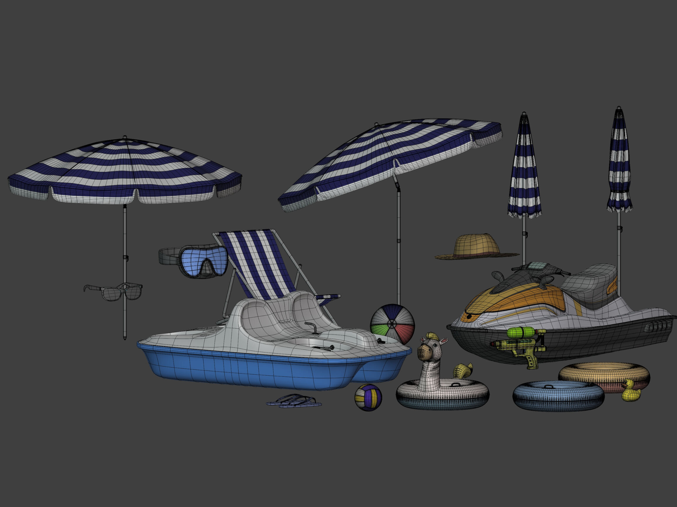 Summer Pack - Umbrella Chair Jet-ski Pedal Boat Water gun Ball 3D model_10