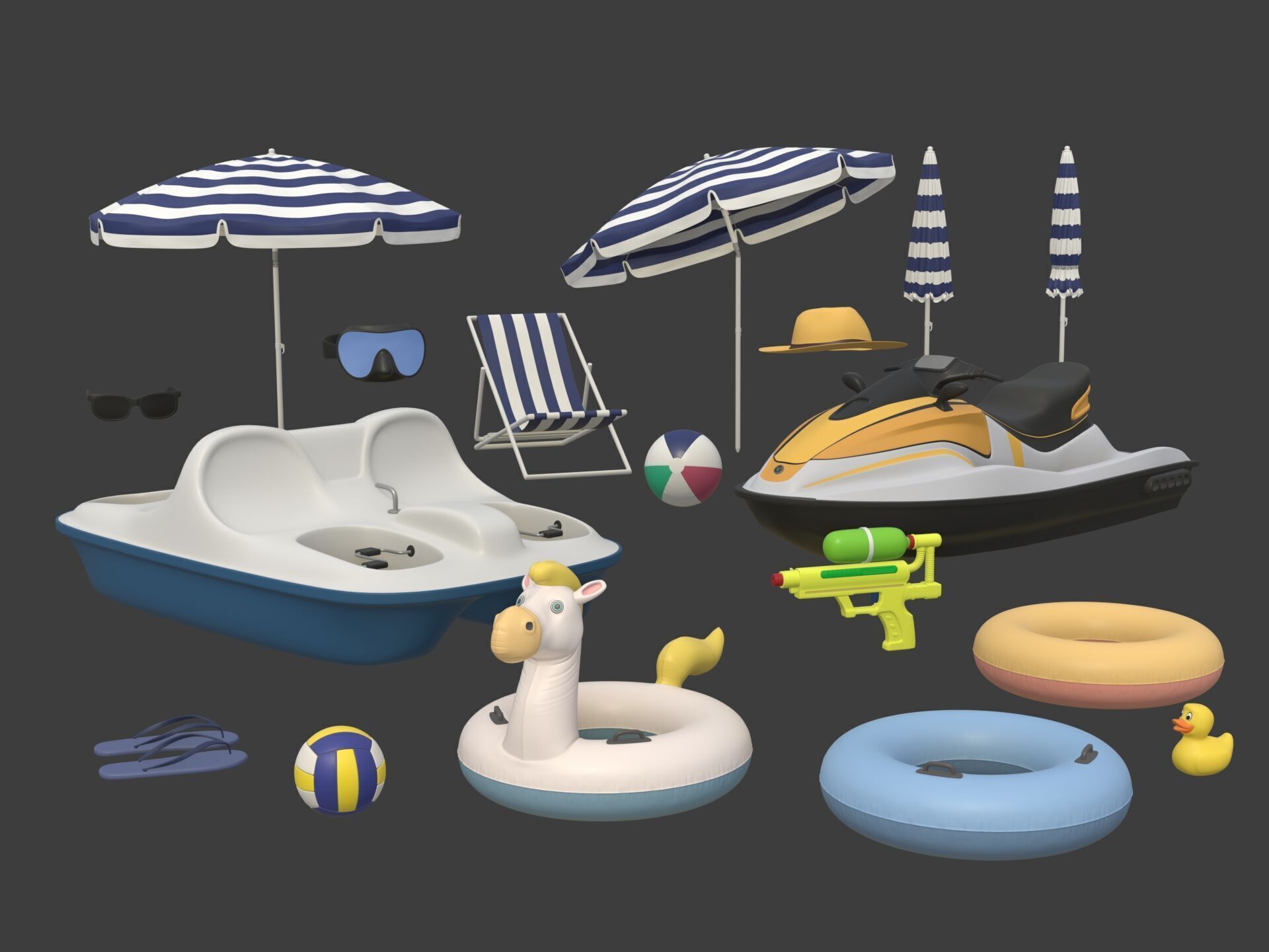 Summer Pack - Umbrella Chair Jet-ski Pedal Boat Water gun Ball 3D model_1