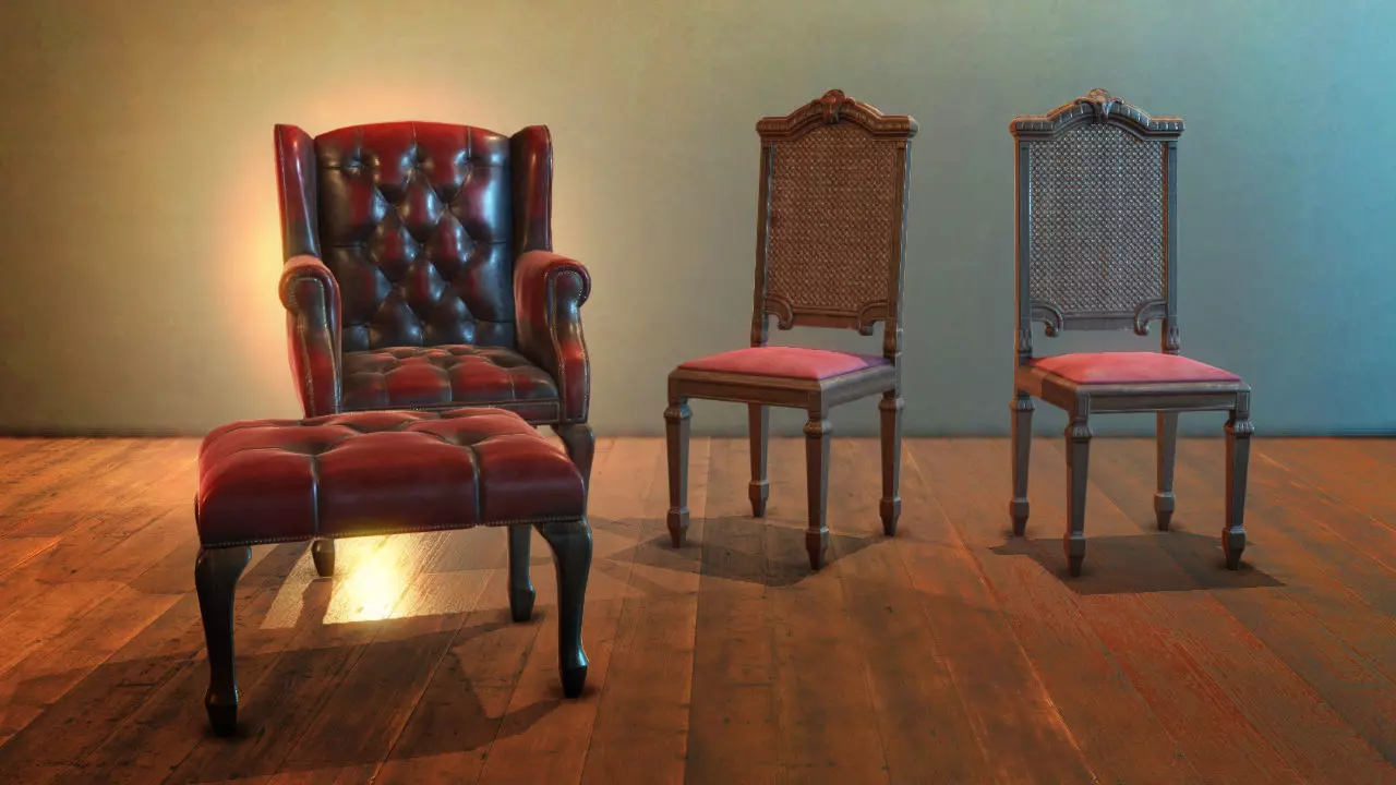 Antique gothic chairs Low-poly 3D model_0
