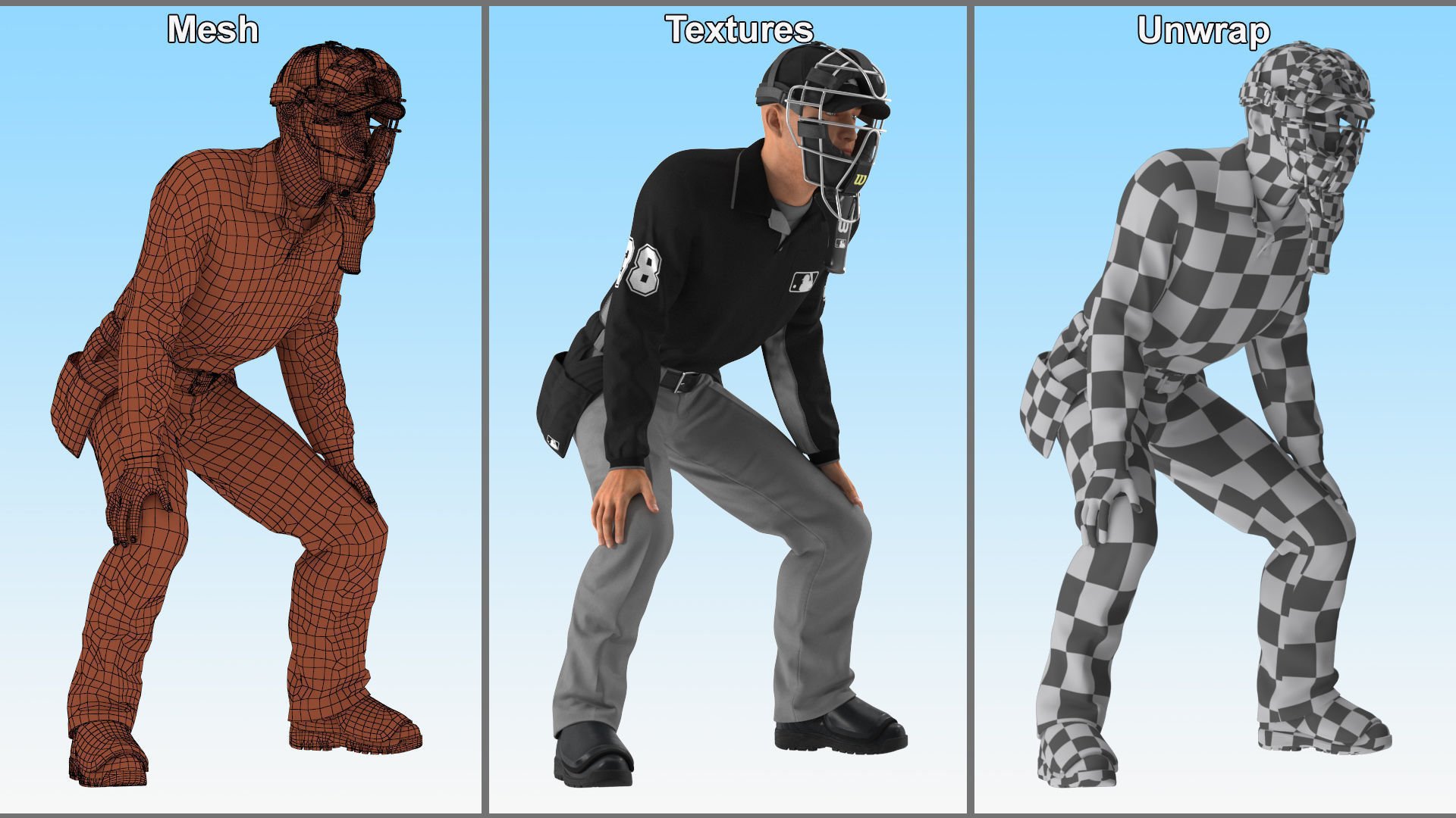 Baseball Umpire with Protective Mask Ready Pose 3D model_16
