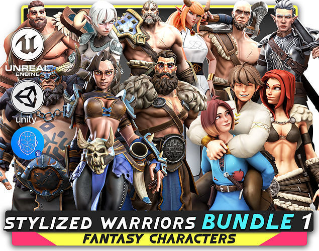 12 in 1 Mega Bundle - Stylized Characters Warriors - 68 Low-poly 3D model