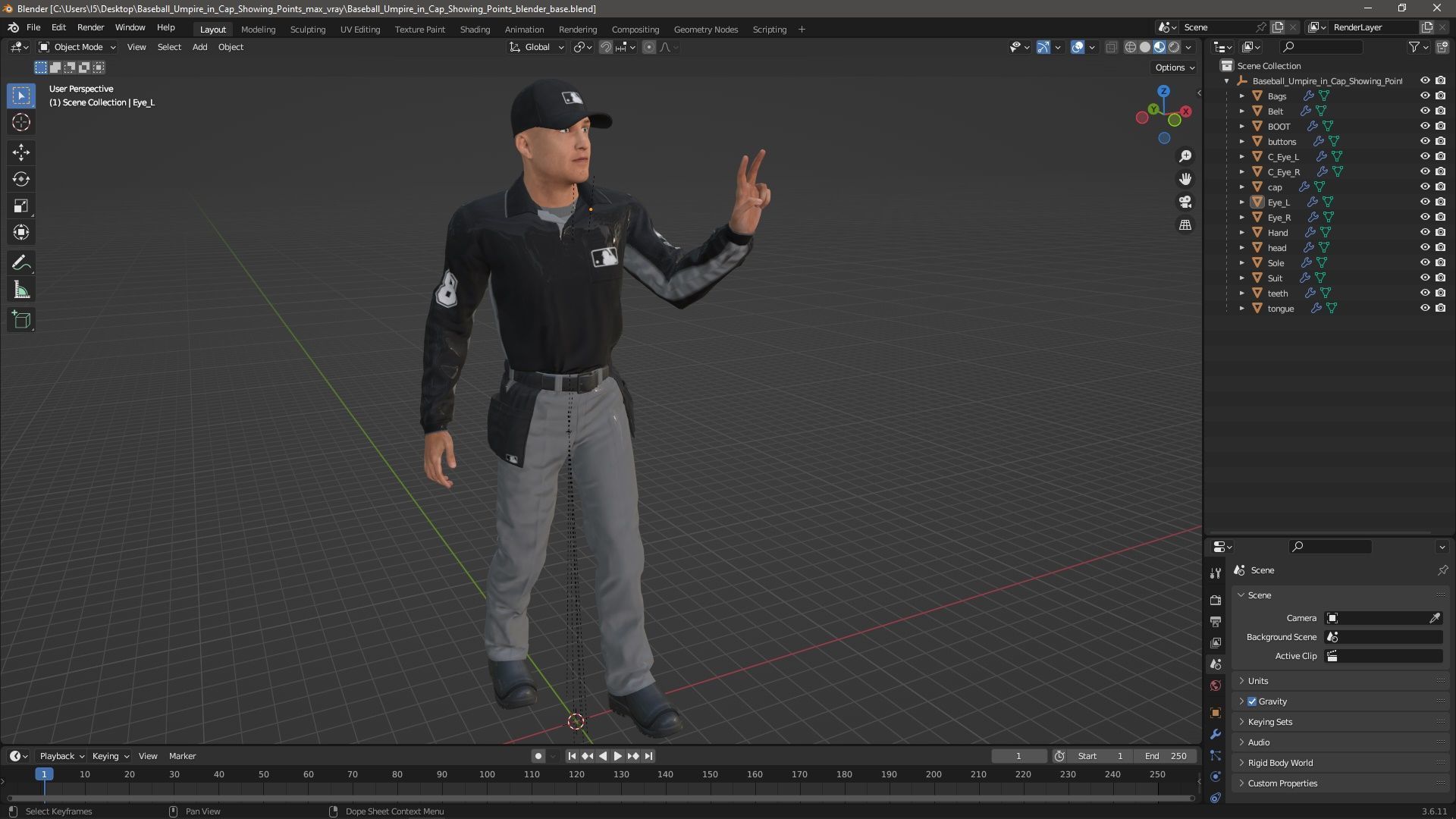 Baseball Umpire in Cap Showing Points 3D model_20