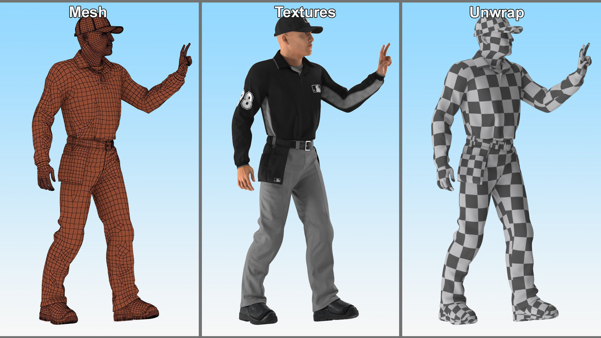 Baseball Umpire in Cap Showing Points 3D model_14