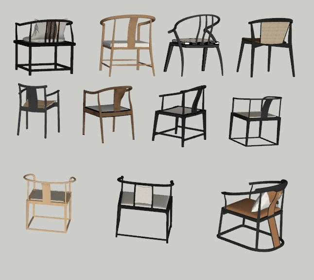 Ming Dynasty Round-Arm Chair Set 3D model_2