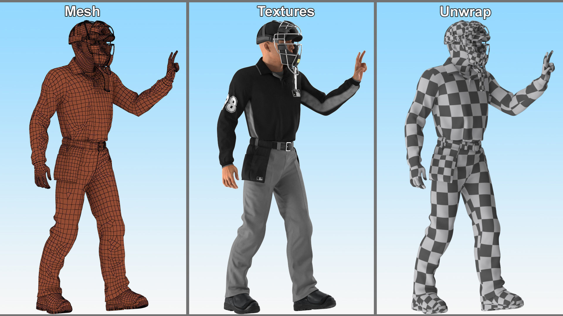 Baseball Umpire with Protective Mask Showing Points 3D model_16