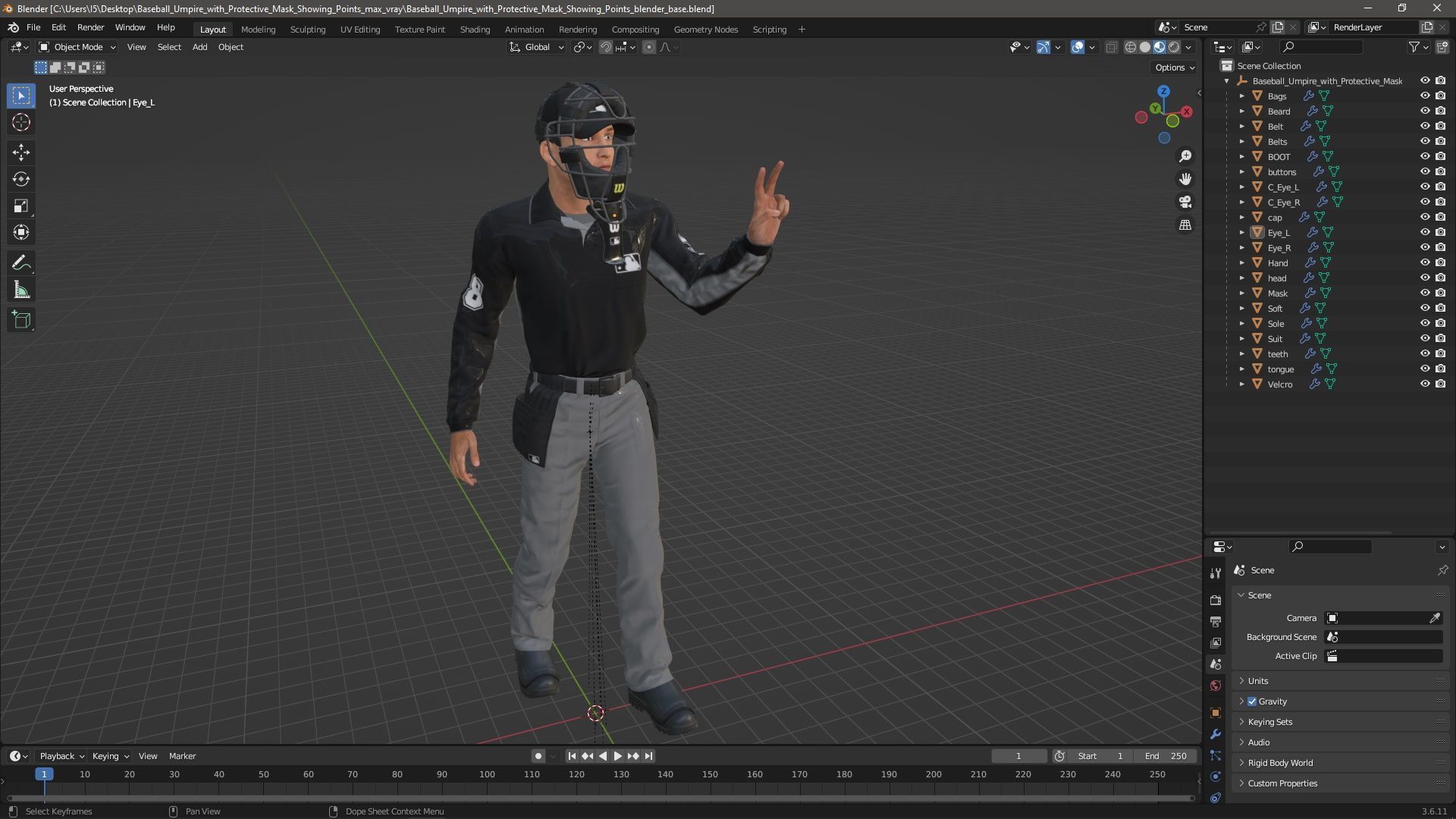 Baseball Umpire with Protective Mask Showing Points 3D model_22